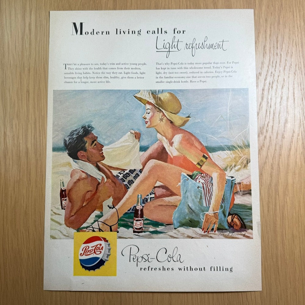 Vintage 1950s Pepsi-Cola Ad Modern Living Calls for Light Refreshment Beach